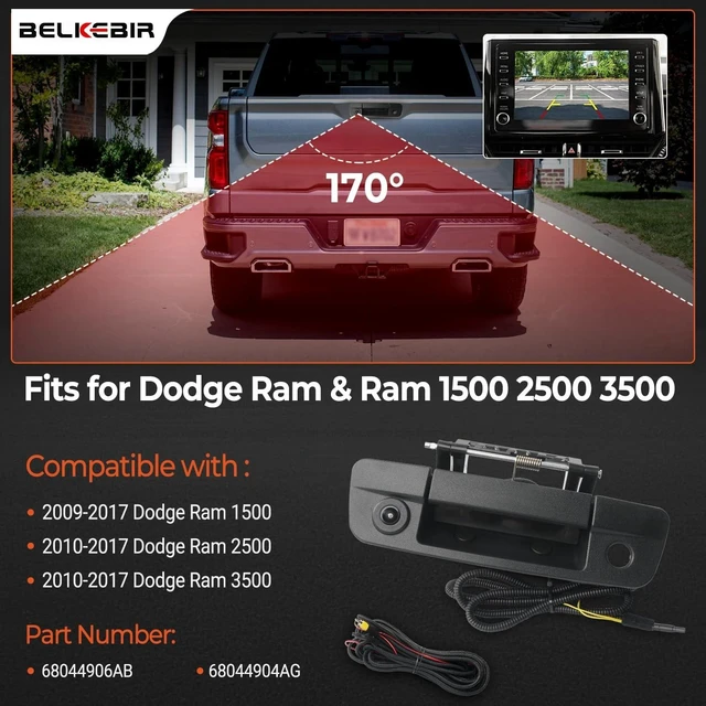 Alt view image 2 of 5 - Tailgate Handle Backup Camera Compatible with 2009-2017 Dodge Ram 1500 2500 3500, Tailgate Latch Door Handle Rear View Waterproof HD Reverse Camera RCA Connector Replaces# 68044906AB,68044904AG