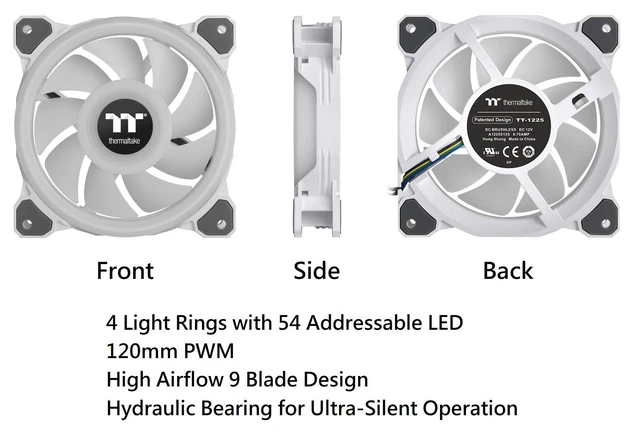Alt view image 3 of 5 - Thermaltake Riing Quad 120mm 16.8 Million RGB Color (Alexa, Razer Chroma) Software Enabled 4 Light Rings 54 Addressable LED 9 Blades Hydraulic Bearing White Case/Radiator Fan, 3 Pack, CL