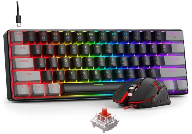 Main image of BlueFinger 60% Mechanical Gaming Keyboard and Mouse Combo - RGB Rainbow Backlit 61 Keys Red Switch Keyboard & 4 DPI LED Gaming Mouse, USB Wired Set for PC Laptop Xbox PS4 PS5, White (Gray & Black)