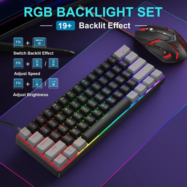Alt view image 3 of 5 - BlueFinger 60% Mechanical Gaming Keyboard and Mouse Combo - RGB Rainbow Backlit 61 Keys Red Switch Keyboard & 4 DPI LED Gaming Mouse, USB Wired Set for PC Laptop Xbox PS4 PS5, White (Gray & Black)