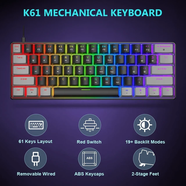 Alt view image 4 of 5 - BlueFinger 60% Mechanical Gaming Keyboard and Mouse Combo - RGB Rainbow Backlit 61 Keys Red Switch Keyboard & 4 DPI LED Gaming Mouse, USB Wired Set for PC Laptop Xbox PS4 PS5, White (Gray & Black)