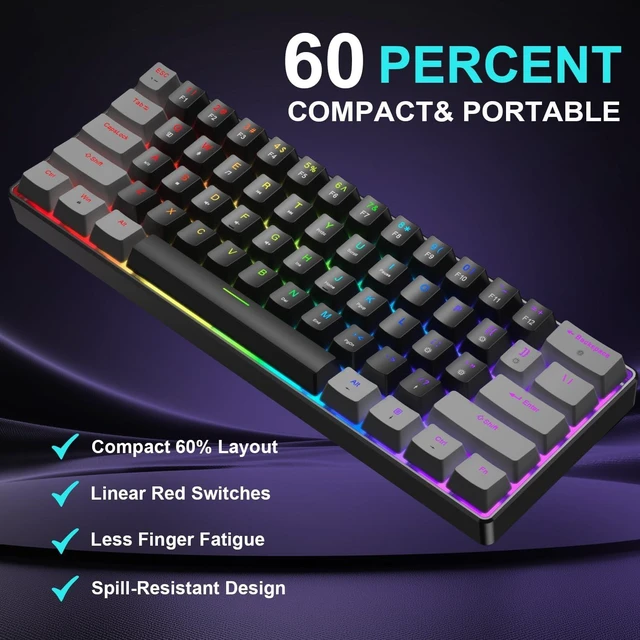 Alt view image 5 of 5 - BlueFinger 60% Mechanical Gaming Keyboard and Mouse Combo - RGB Rainbow Backlit 61 Keys Red Switch Keyboard & 4 DPI LED Gaming Mouse, USB Wired Set for PC Laptop Xbox PS4 PS5, White (Gray & Black)