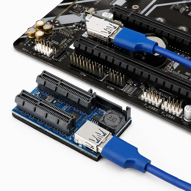 Alt view image 2 of 5 - PCIe X1 to Dual X4 Slot Extension Cable 60cm/23.6in PCIe Riser Card Extender Includes USB 3.0 Cable & Power Adapter