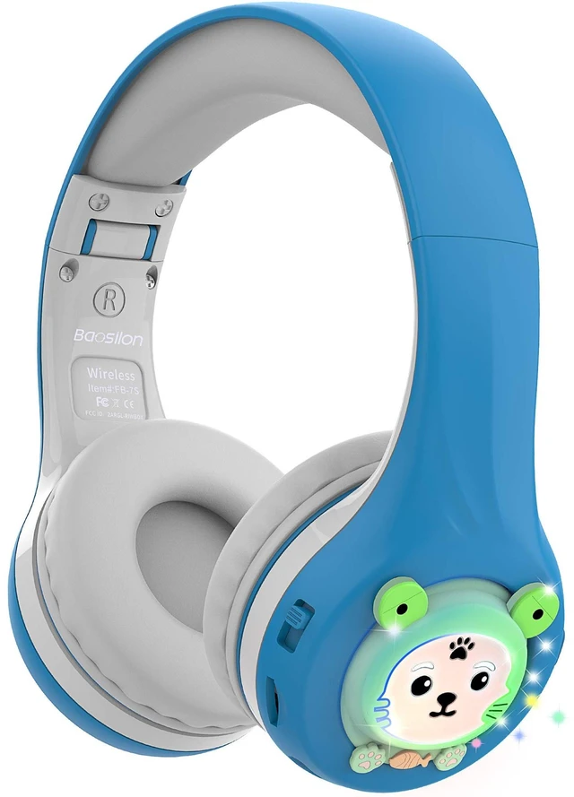 Main image of Riwbox FB-7S Frog Kids Bluetooth Headphones, LED Light Up Over Ear Volume Limited Safe 75/85/95dB with Mic and TF-Card, Children Headphones for School/PC (Blue&Grey)