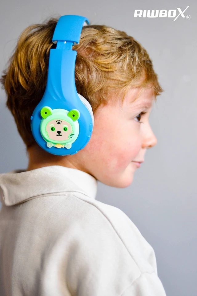 Alt view image 2 of 5 - Riwbox FB-7S Frog Kids Bluetooth Headphones, LED Light Up Over Ear Volume Limited Safe 75/85/95dB with Mic and TF-Card, Children Headphones for School/PC (Blue&Grey)