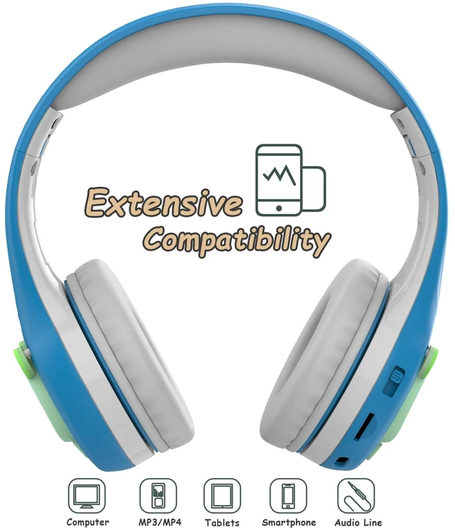 Alt view image 3 of 5 - Riwbox FB-7S Frog Kids Bluetooth Headphones, LED Light Up Over Ear Volume Limited Safe 75/85/95dB with Mic and TF-Card, Children Headphones for School/PC (Blue&Grey)