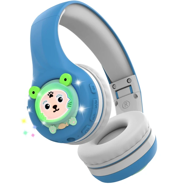 Alt view image 4 of 5 - Riwbox FB-7S Frog Kids Bluetooth Headphones, LED Light Up Over Ear Volume Limited Safe 75/85/95dB with Mic and TF-Card, Children Headphones for School/PC (Blue&Grey)
