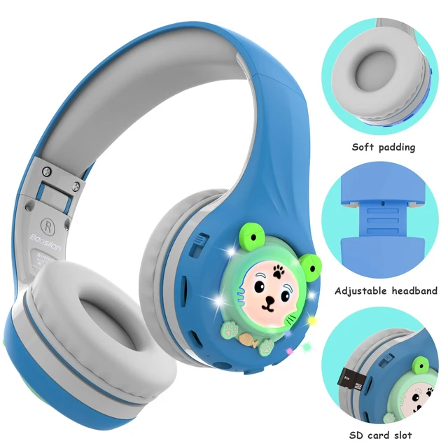 Alt view image 5 of 5 - Riwbox FB-7S Frog Kids Bluetooth Headphones, LED Light Up Over Ear Volume Limited Safe 75/85/95dB with Mic and TF-Card, Children Headphones for School/PC (Blue&Grey)