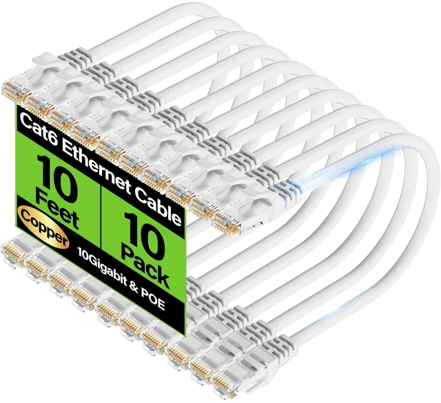 Main image of TuokaJu Cat6 Ethernet Cable 10Gbps 10 ft (10 Pack), UTP Ethernet Cable Cat 6, Flexible Bare Copper Cat6 Cable, Cat 6 Network Cable for Server, Data Center, White