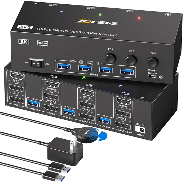 Main image of DP HDMI KVM Switch 3 Monitors 3 Computers,Triple Monitor KVM Switch with 4 USB3.0 Port for Keyboard Mouse Printer Support Extended/Mirror Mode USB Cables,Controller and Power Adapter Included