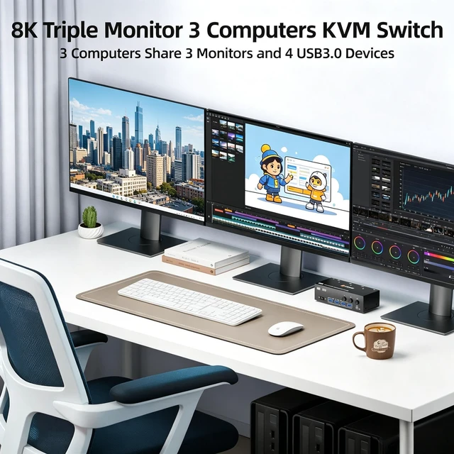 Alt view image 2 of 5 - DP HDMI KVM Switch 3 Monitors 3 Computers,Triple Monitor KVM Switch with 4 USB3.0 Port for Keyboard Mouse Printer Support Extended/Mirror Mode USB Cables,Controller and Power Adapter Included
