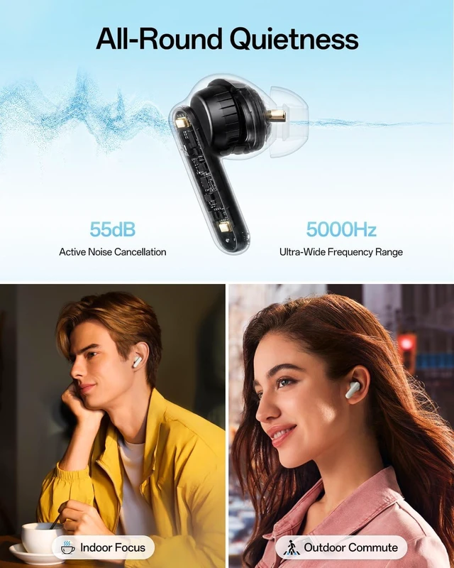 Alt view image 3 of 5 - OPPO Enco Air5 Pro True Wireless Earbuds, Bluetooth 6.0 in-Ear Headphones Stereo, 55dB Active Noise Cancellation, Triple-Mic AI Clear Call, Hi-Res Audio, 54H Playtime, Deep Bass, IP55, Pearl Wh