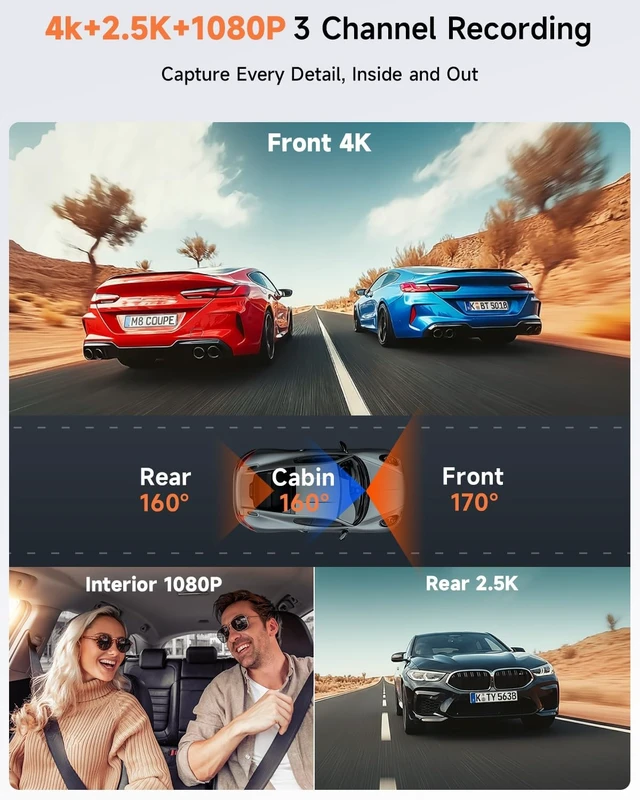 Alt view image 2 of 5 - 4K+2.5K+1080P 3 Channel Dash Cam Front, Rear, Inside, 64GB SD Card Included