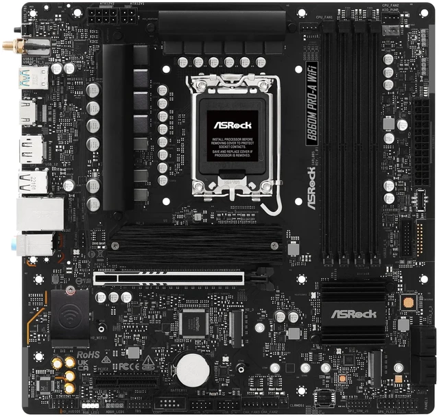 Alt view image 2 of 5 - ASRock B860M Pro A WiFi 6E Intel Core Ultra (Series 2) B860 DDR5 up to 8666+ (OC) MHz 256GB M.2 LGA1851 Micro ATX Motherboard BIOS Flashback SATA3 6.0 Gb/s PCIe 5.0 Realtek 2.5G LAN