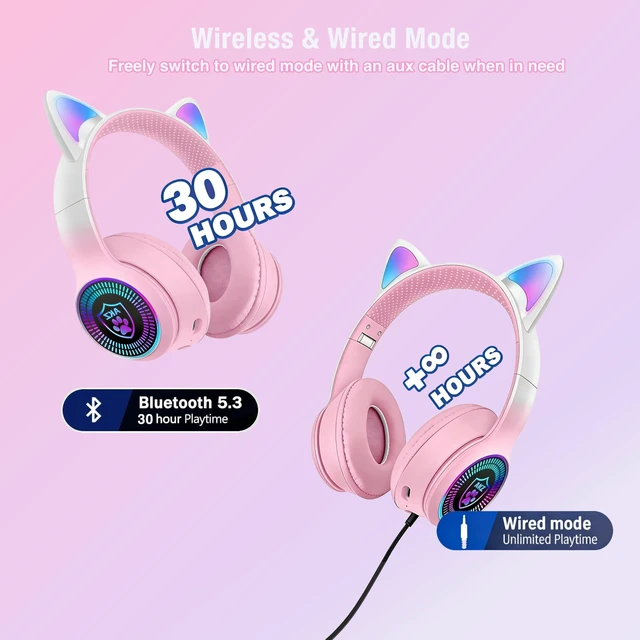 Alt view image 3 of 5 - VIGROS Cat Ear Gaming Bluetooth 5.3 Wireless Foldable Headphones with LED Light, Stereo Game Surround Sound Over-Ear Headsets with Microphone AUX for PC, Pad, Mobile, Laptop, Game, Kids, Gift