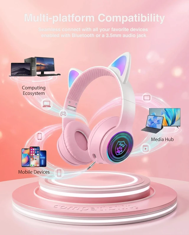 Alt view image 5 of 5 - VIGROS Cat Ear Gaming Bluetooth 5.3 Wireless Foldable Headphones with LED Light, Stereo Game Surround Sound Over-Ear Headsets with Microphone AUX for PC, Pad, Mobile, Laptop, Game, Kids, Gift