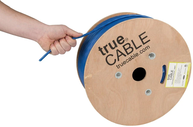 Main image of TRUE CABLE Cat6A Plenum Bulk Ethernet Cable (CMP), Unshielded UTP, 1000ft, Blue, 23AWG Solid Bare Copper, 750MHz, 10Gbps, PoE++ (4PPoE), ETL Listed