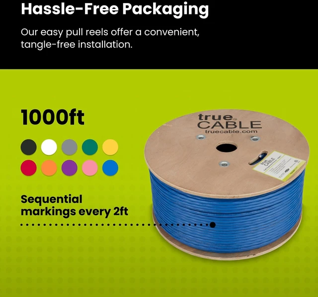 Alt view image 5 of 5 - TRUE CABLE Cat6A Plenum Bulk Ethernet Cable (CMP), Unshielded UTP, 1000ft, Blue, 23AWG Solid Bare Copper, 750MHz, 10Gbps, PoE++ (4PPoE), ETL Listed
