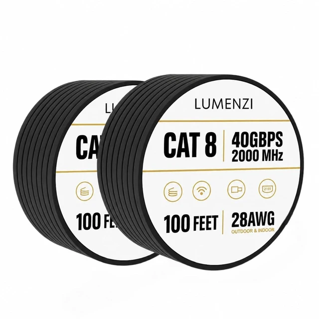 Main image of Lumenzi Cat8 Flat Ethernet Cable 100ft, 2 Pc Pack, 40Gbps 2000MHz Network Patch Cord, S/FTP Shielded LAN Cable, ETL Listed, RoHS Compliant, with RJ45 Connectors for Gaming, Router, Modem & Laptop
