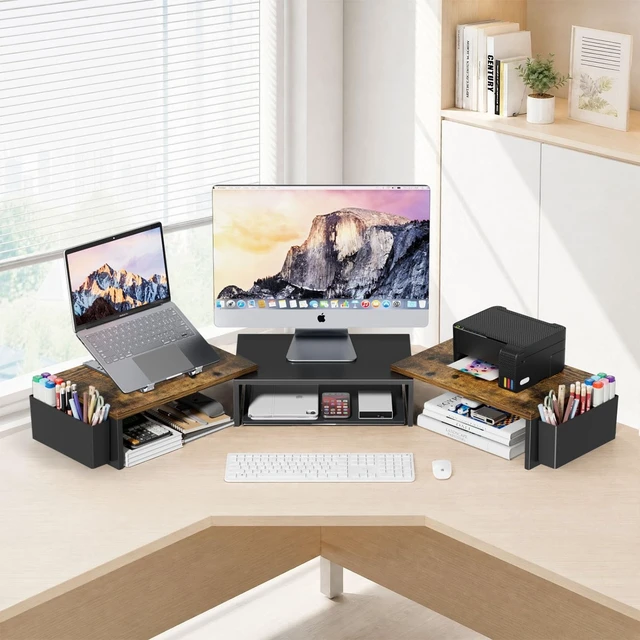 Alt view image 2 of 5 - AUPSEN Dual Monitor Stand Riser with 2 Pen Holders, Desk Organizer, Brown