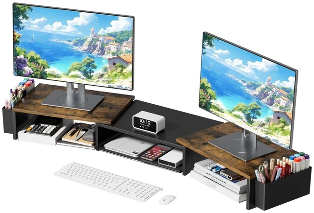Main image of AUPSEN Dual Monitor Stand Riser with 2 Pen Holders, Desk Organizer, Brown