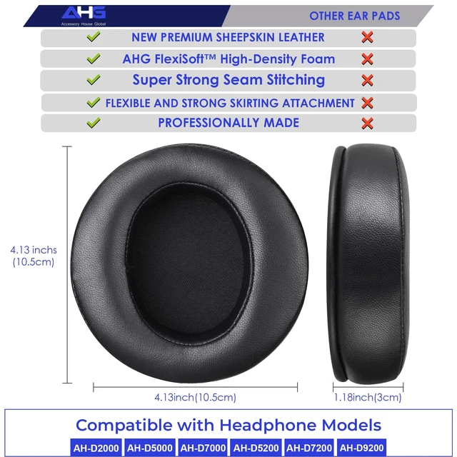 Alt view image 3 of 5 - AHG Accessory House Global Sheepskin Leather Replacement Ear Pads Compatible with Denon AH-D2000 AH-D5000 AH-D7000 AH-D5200 AH-D7200 and AH-D9200 Headphones. Easy DIY Fit ^^ Premium Sheepskin