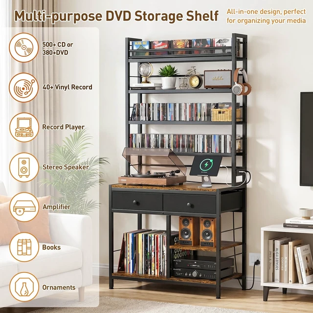 Alt view image 2 of 5 - ikkle Tall CD Rack with Power Outlet & Drawers, 8-Tier DVD Storage Shelf