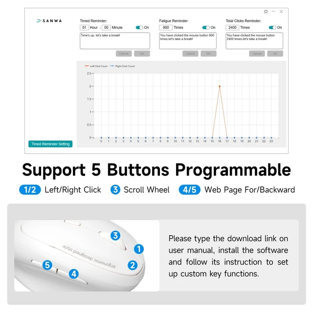 Alt view image 4 of 5 - SANWA Left Handed Ergonomic Mouse, 2.4G Wireless + 2 Bluetooth Lefty Vertical Mouse for Small Medium Hands, 5 Programmable Buttons, 800-1600 DPI, Rechargeable, Compatible with Win, Mac, Laptop,