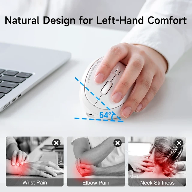 Alt view image 2 of 5 - SANWA Left Handed Ergonomic Mouse, 2.4G Wireless + 2 Bluetooth Lefty Vertical Mouse for Small Medium Hands, 5 Programmable Buttons, 800-1600 DPI, Rechargeable, Compatible with Win, Mac, Laptop,