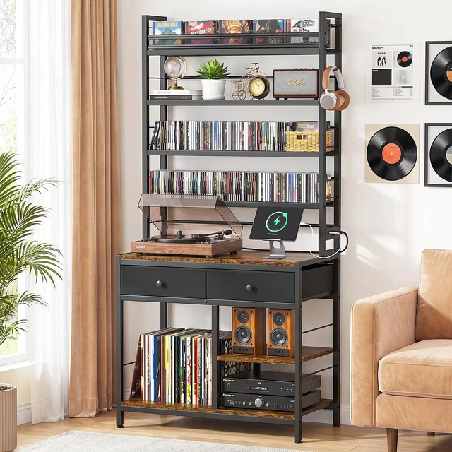 Main image of ikkle Tall CD Rack with Power Outlet & Drawers, 8-Tier DVD Storage Shelf
