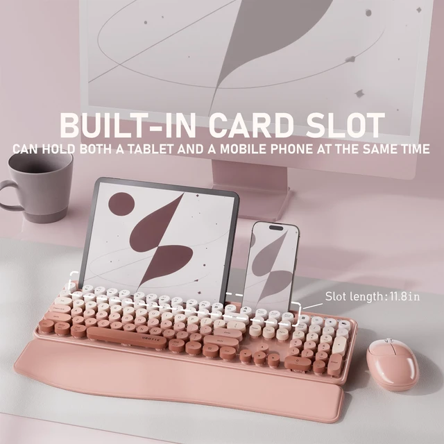 Alt view image 2 of 5 - UBOTIE Wireless Keyboard and Mouse Combo, Phone Holder (Peach)