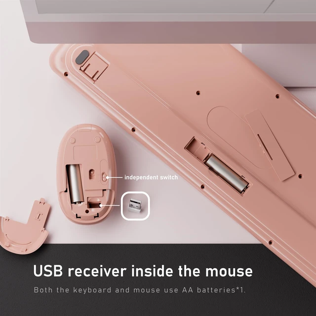 Alt view image 5 of 5 - UBOTIE Wireless Keyboard and Mouse Combo, Phone Holder (Peach)