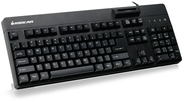 Main image of IOGEAR 104-Key Keyboard w/ Built-in Common Access Card Reader -TAA Compliant - Government Healthcare Banking Entertainment Secure Network Login -CAC/Smart Card Reader - GKBSR202TAA