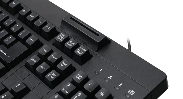 Alt view image 3 of 4 - IOGEAR 104-Key Keyboard w/ Built-in Common Access Card Reader -TAA Compliant - Government Healthcare Banking Entertainment Secure Network Login -CAC/Smart Card Reader - GKBSR202TAA