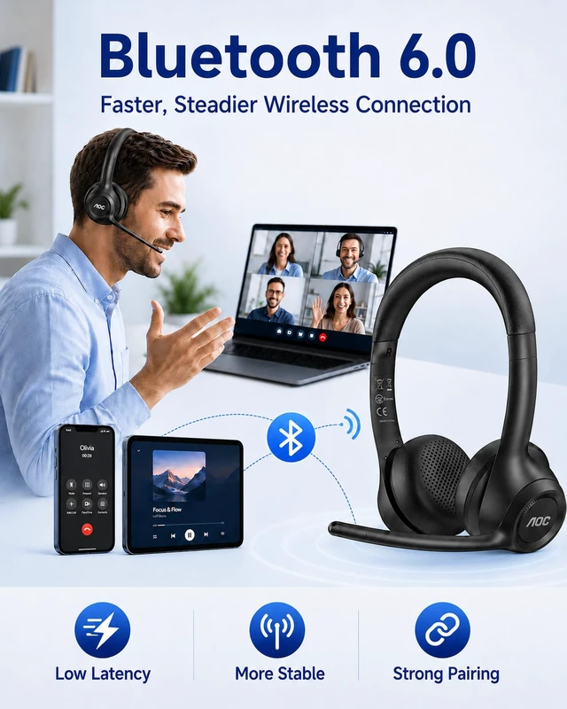 Alt view image 5 of 5 - AOC Wireless Headset with MICR for Work, AI ENC Noise Cancelling