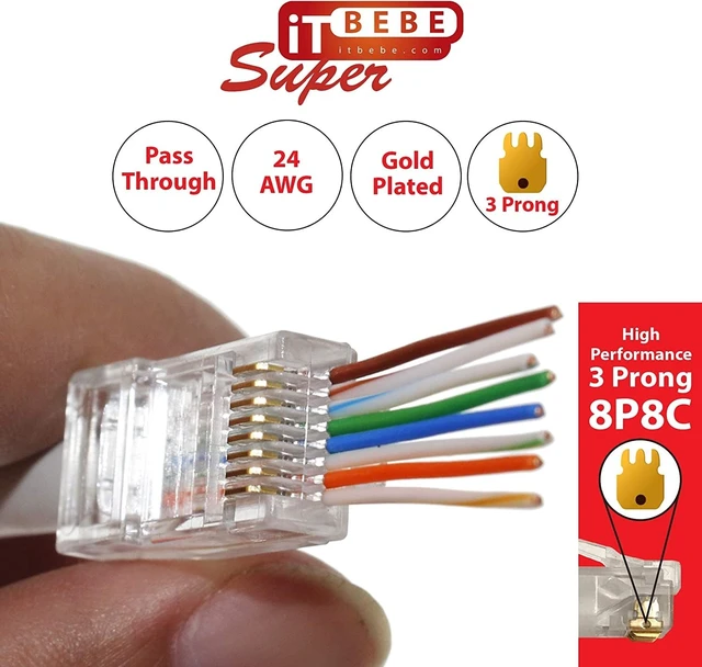 Alt view image 3 of 5 - ITBEBE 300 Pieces RJ45 Cat6 Pass Through Connectors - Gold Plated Transparent Passthrough Ethernet Insert Crimp Connector UTP Network Plug for 24 AWG Cables (300 Pieces)