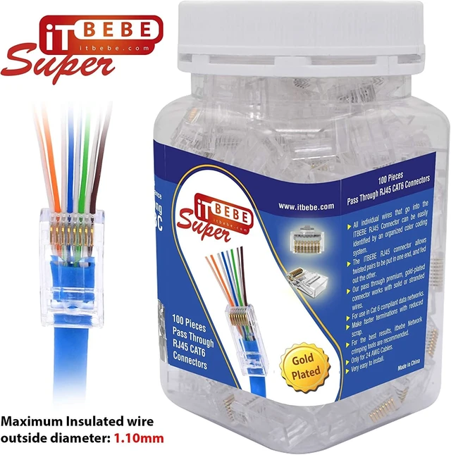 Alt view image 5 of 5 - ITBEBE 300 Pieces RJ45 Cat6 Pass Through Connectors - Gold Plated Transparent Passthrough Ethernet Insert Crimp Connector UTP Network Plug for 24 AWG Cables (300 Pieces)