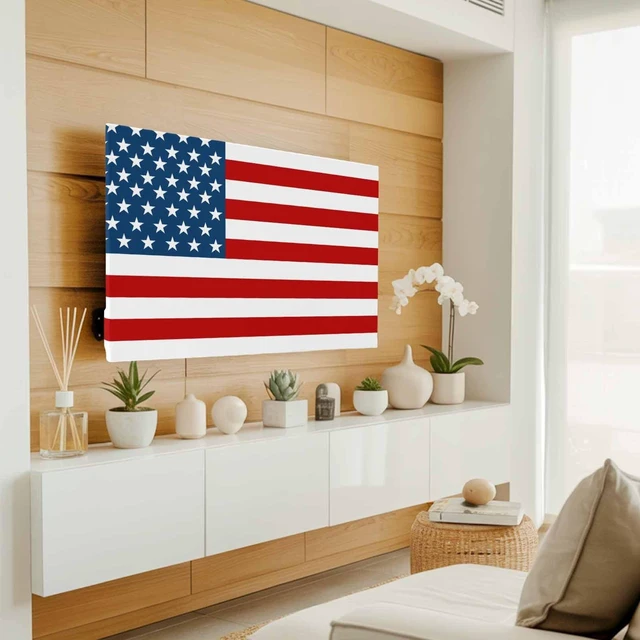Alt view image 2 of 5 - American Flag TV Cover Indoor Elastic TVs Screen Protector, USA Flag Monitor Covers Inside Dust Proof Slipcover, Blue Star Red Striped 75 Inch TV Cover for Flat or Curved TVs