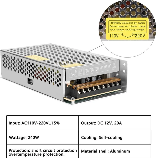Alt view image 3 of 5 - Mavaol 12V 20A Power Supply, AC to DC Converter, Overvoltage Protection, Short Circuit Protection, Energy Saving, for LED Strips, CCTV Cameras, Home or Professional Use