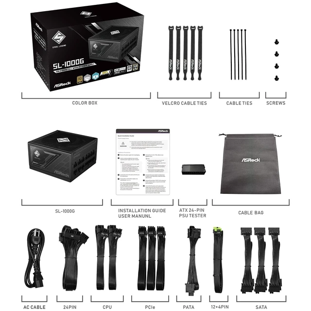 Alt view image 5 of 5 - ASRock Steel Legend SL-1000G 1000W 80 Plus Gold & Cybenetics Platinum Full Modular Power Supply ATX3.1 & PCIe5.1 Ready with Dual Color 12V-2x6 Cable 10 Years Warranty