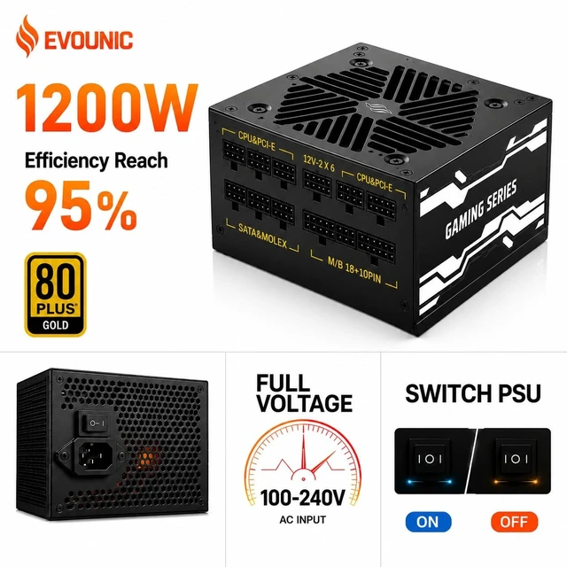 Alt view image 2 of 5 - Evounic 1200W Gaming Power Supply,Fully Modular 80 Plus Gold Certification, ATX 3.1 PSU, Support for PCIe 5.1 GPUs, semi-Passive 120mm Fan, LLC Technology, Single Rail, for Overclocked GPUs