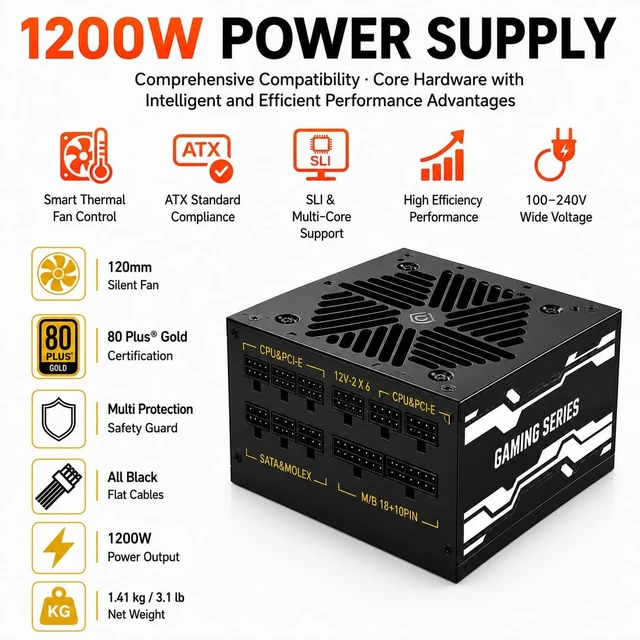 Alt view image 4 of 5 - Evounic 1200W Gaming Power Supply,Fully Modular 80 Plus Gold Certification, ATX 3.1 PSU, Support for PCIe 5.1 GPUs, semi-Passive 120mm Fan, LLC Technology, Single Rail, for Overclocked GPUs