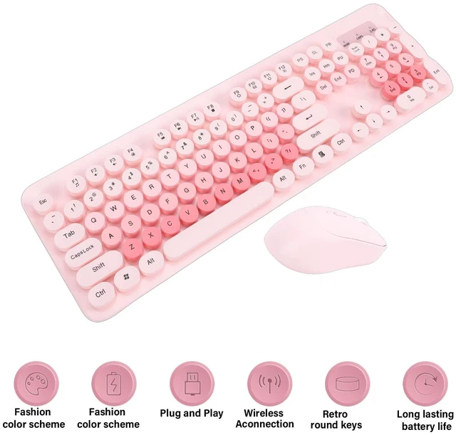 Alt view image 2 of 5 - EBTOOLS Wireless Keyboard and Mouse Combo, 2.4GHz Plug and Play with Retro Round Keycaps and Quiet Clicks, Numeric Keypad and Multimedia Hotkeys, Compatible with PC Laptop Desktop (Pink)