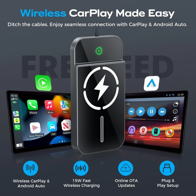 Alt view image 2 of 5 - FREYSEED Wireless CarPlay Adapter with 15W Fast Wireless Charging Wired to Wireless CarPlay Converter, 2025 Updated for iPhone & Android, Plug & Play, Ultra-Low Latency, 3X Fast