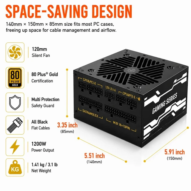 Alt view image 5 of 5 - Evounic 1200W Gaming Power Supply,Fully Modular 80 Plus Gold Certification, ATX 3.1 PSU, Support for PCIe 5.1 GPUs, semi-Passive 120mm Fan, LLC Technology, Single Rail, for Overclocked GPUs