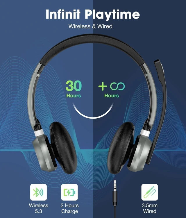 Alt view image 5 of 5 - KONNAO Wireless Headset with Microphone, 2025 New V5.3 Headset with USB Dongle, Computer Headphones QCC3034 CVC8.0 Noise Cancelling Technology & 30H Worktime, Mute Button for Home Office Skype