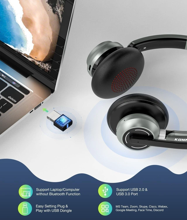 Alt view image 3 of 5 - KONNAO Wireless Headset with Microphone, 2025 New V5.3 Headset with USB Dongle, Computer Headphones QCC3034 CVC8.0 Noise Cancelling Technology & 30H Worktime, Mute Button for Home Office Skype
