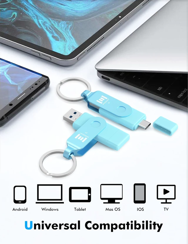 Alt view image 3 of 5 - MOSDART 1TB USB C and A 3.2 150MB/s Dual Flash Drive with Keychain, Blue