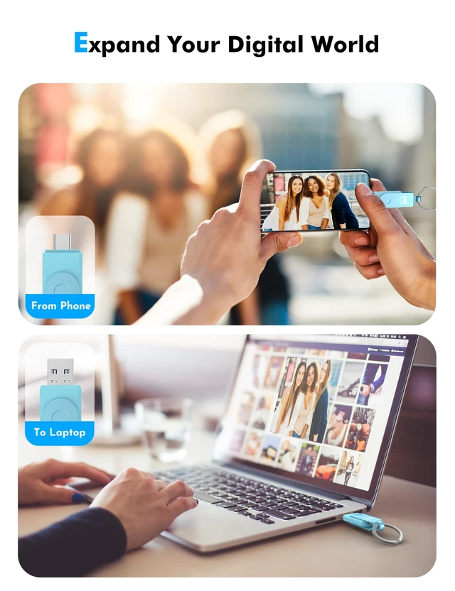 Alt view image 2 of 5 - MOSDART 1TB USB C and A 3.2 150MB/s Dual Flash Drive with Keychain, Blue