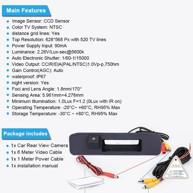 Alt view image 4 of 5 - HD Auto Trunk Handle Rear View Reversing Camera Compatible with Mercedes-Benz C117 W205 R172 W172 W222 C180 C200 C220 C400 W204 E350 E320 E400 E300 E450 S213 C207/C63 E43 E53/S63 S450 S560/V W Golf 6
